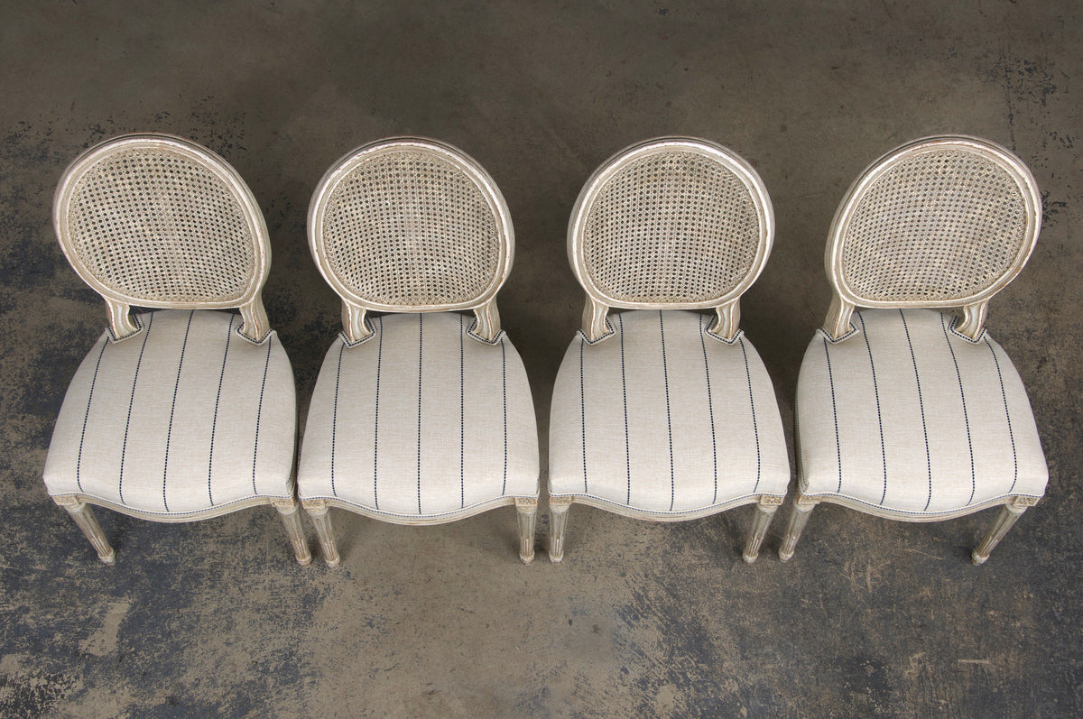 Antique French Louis XVI Style Painted Cane Back Dining Chairs W/ Striped Fabric - Set of 4