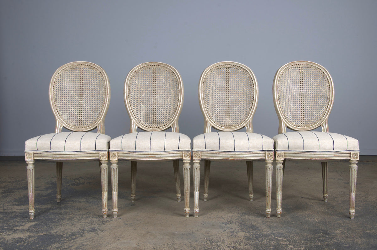 Antique French Louis XVI Style Painted Cane Back Dining Chairs W/ Striped Fabric - Set of 4