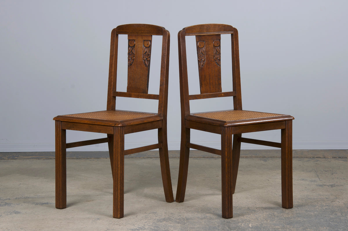 1930s French Art Deco Oak Dining Chairs W/ Cane Seats - Set of 6