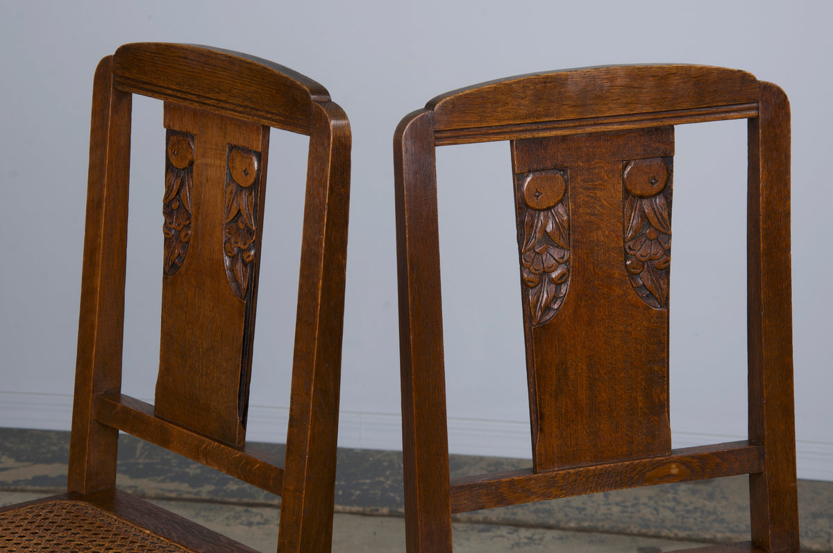 1930s French Art Deco Oak Dining Chairs W/ Cane Seats - Set of 6