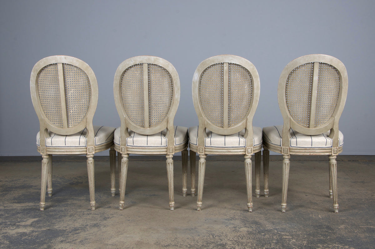 Antique French Louis XVI Style Painted Cane Back Dining Chairs W/ Striped Fabric - Set of 4