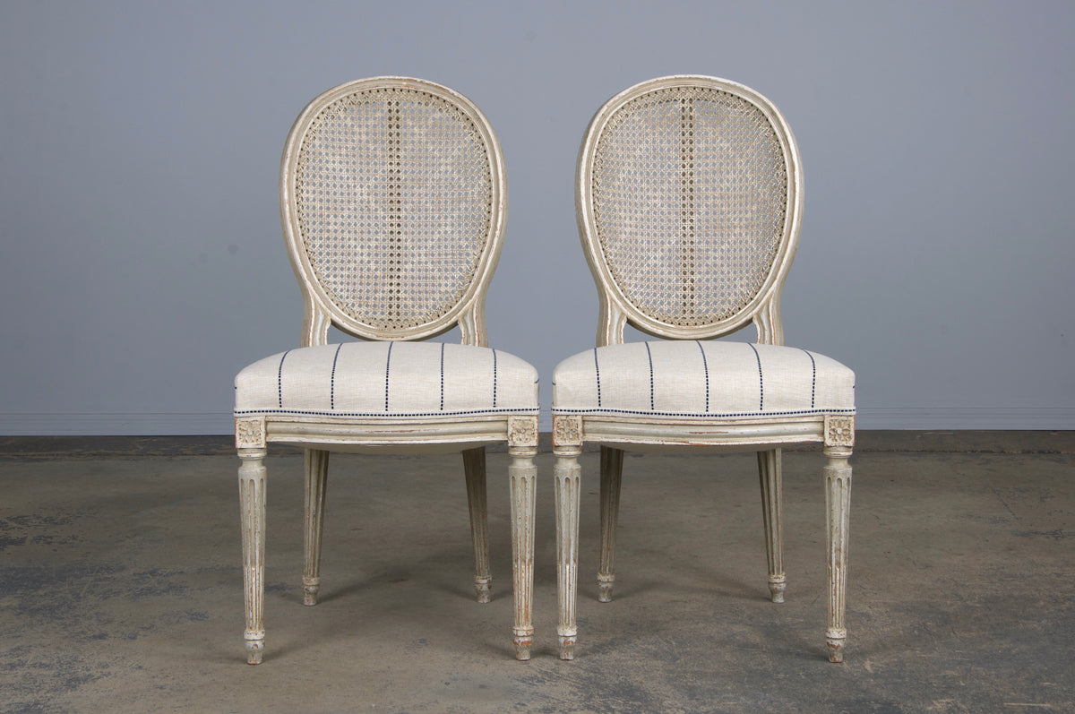 Antique French Louis XVI Style Painted Cane Back Dining Chairs W/ Striped Fabric - Set of 4