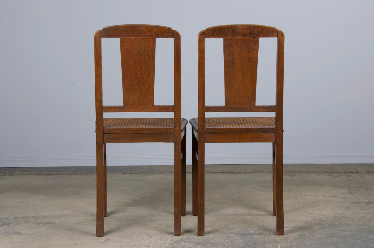 1930s French Art Deco Oak Dining Chairs W/ Cane Seats - Set of 6