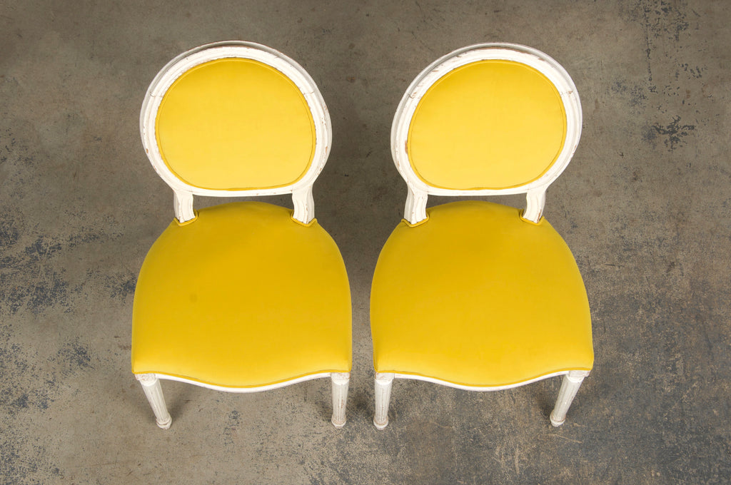 French Louis XVI Style Painted Side Chairs in Lemon Velvet - A Pair