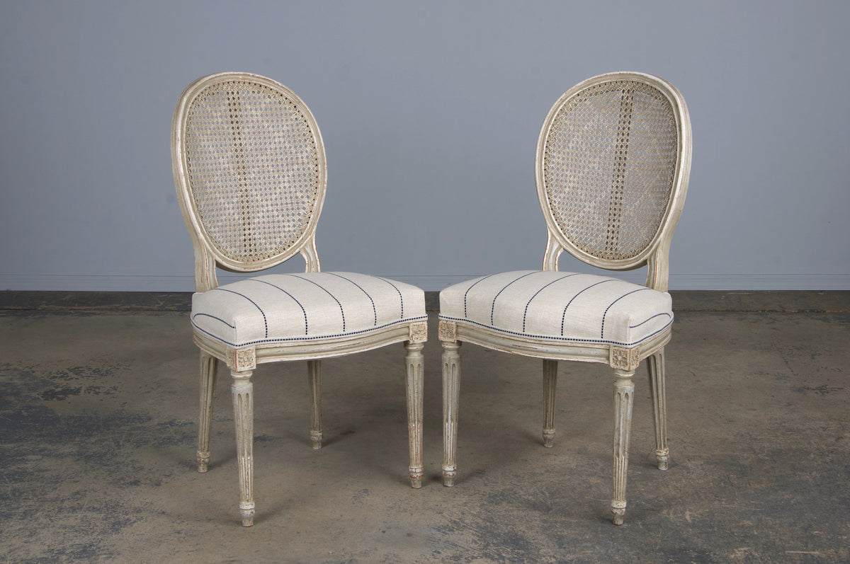 Antique French Louis XVI Style Painted Cane Back Dining Chairs W/ Striped Fabric - Set of 4