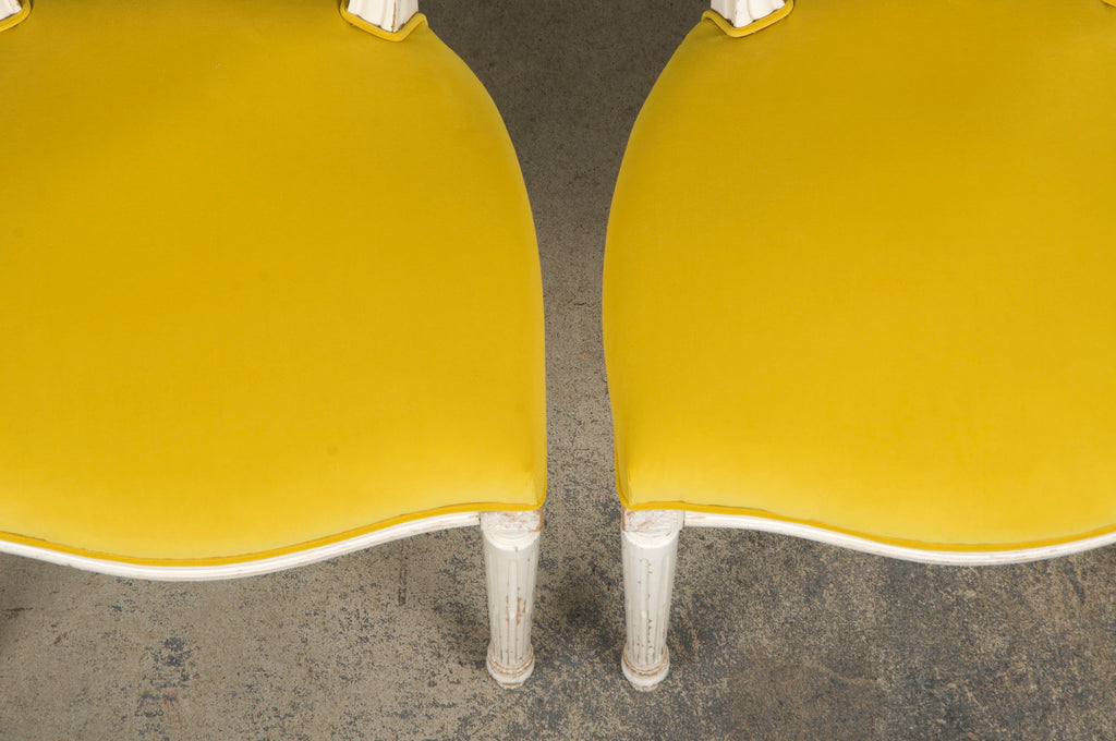 French Louis XVI Style Painted Side Chairs in Lemon Velvet - A Pair