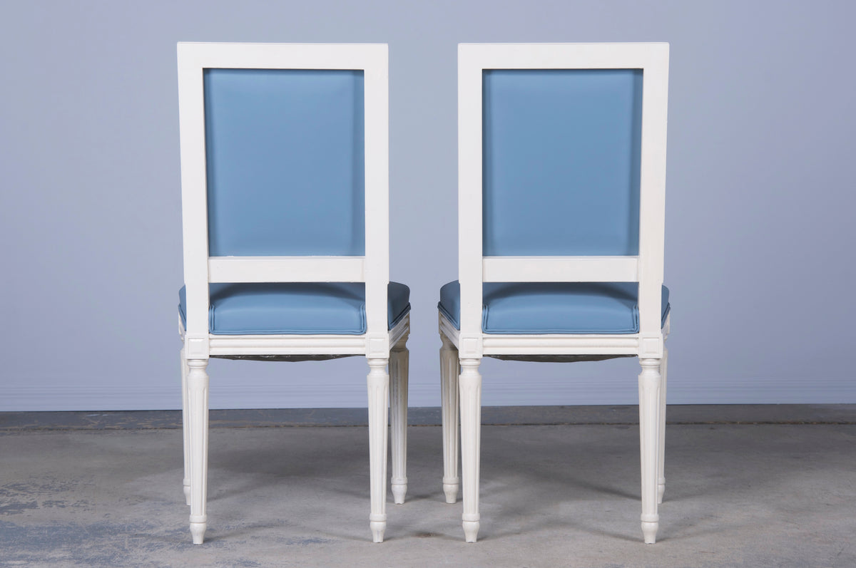 French Louis XVI Style Painted Square Back Dining Chairs W/ Blue Vinyl - Set of 6