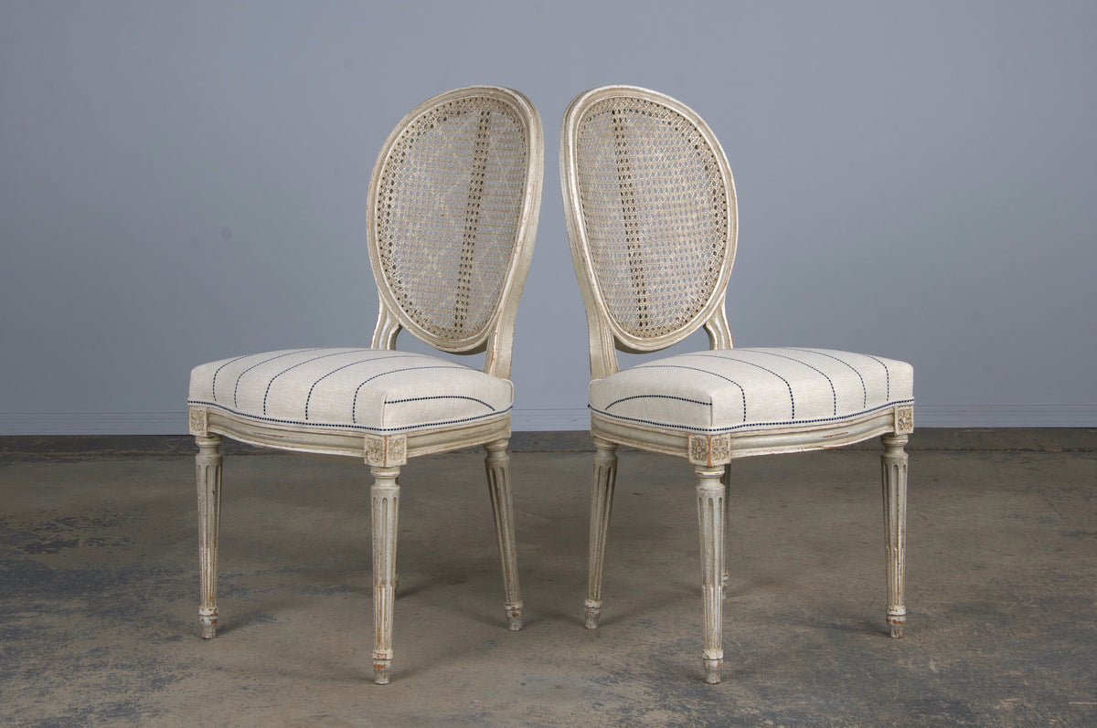 Antique French Louis XVI Style Painted Cane Back Dining Chairs W/ Striped Fabric - Set of 4