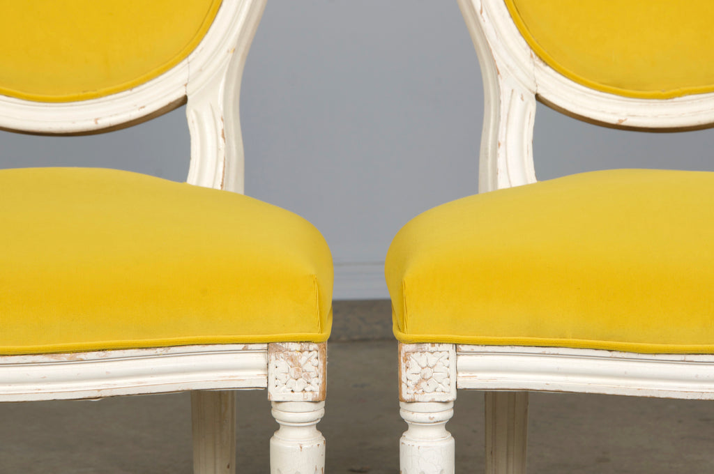 French Louis XVI Style Painted Side Chairs in Lemon Velvet - A Pair