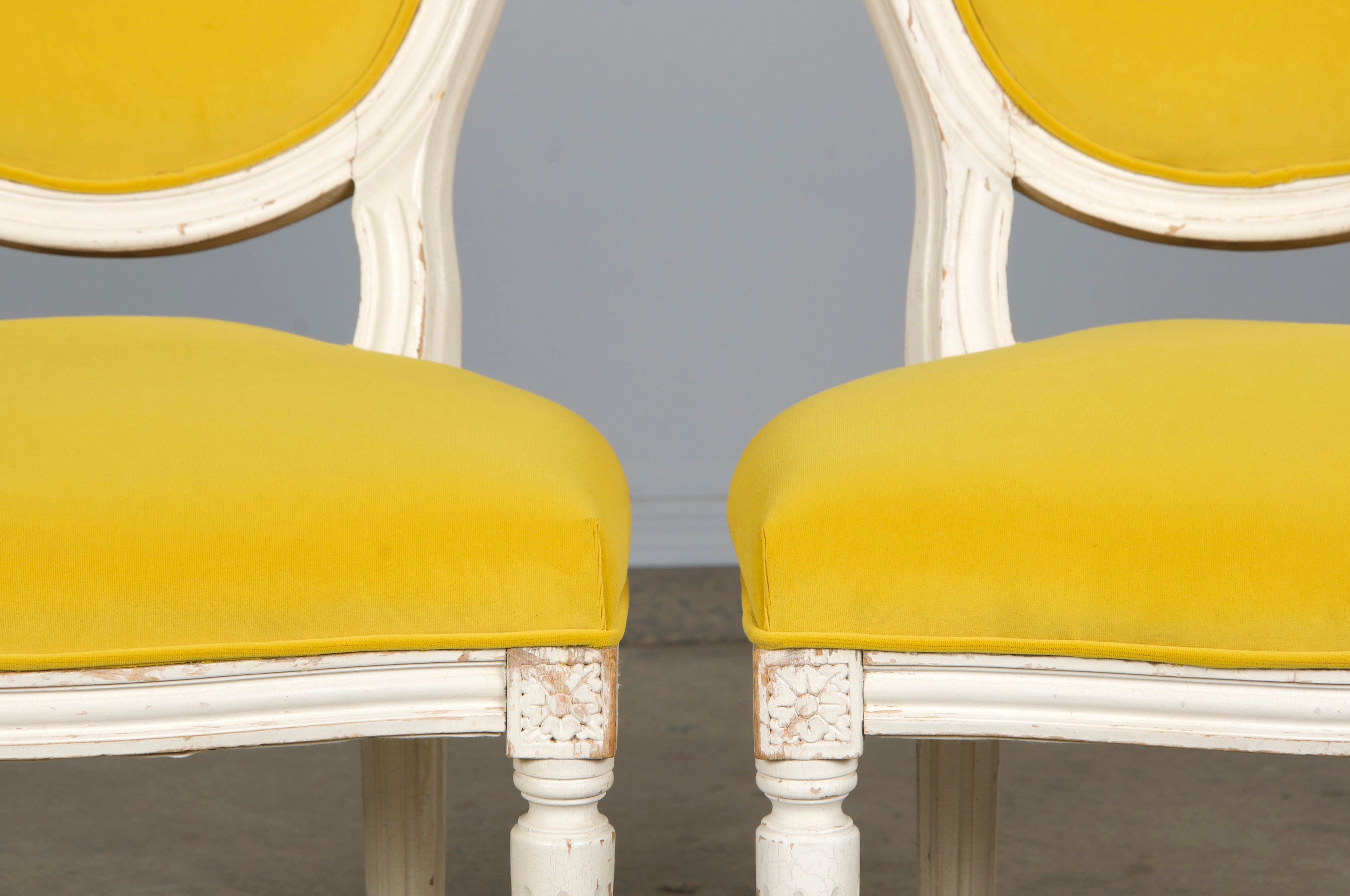 French Louis XVI Style Painted Side Chairs in Lemon Velvet - A Pair