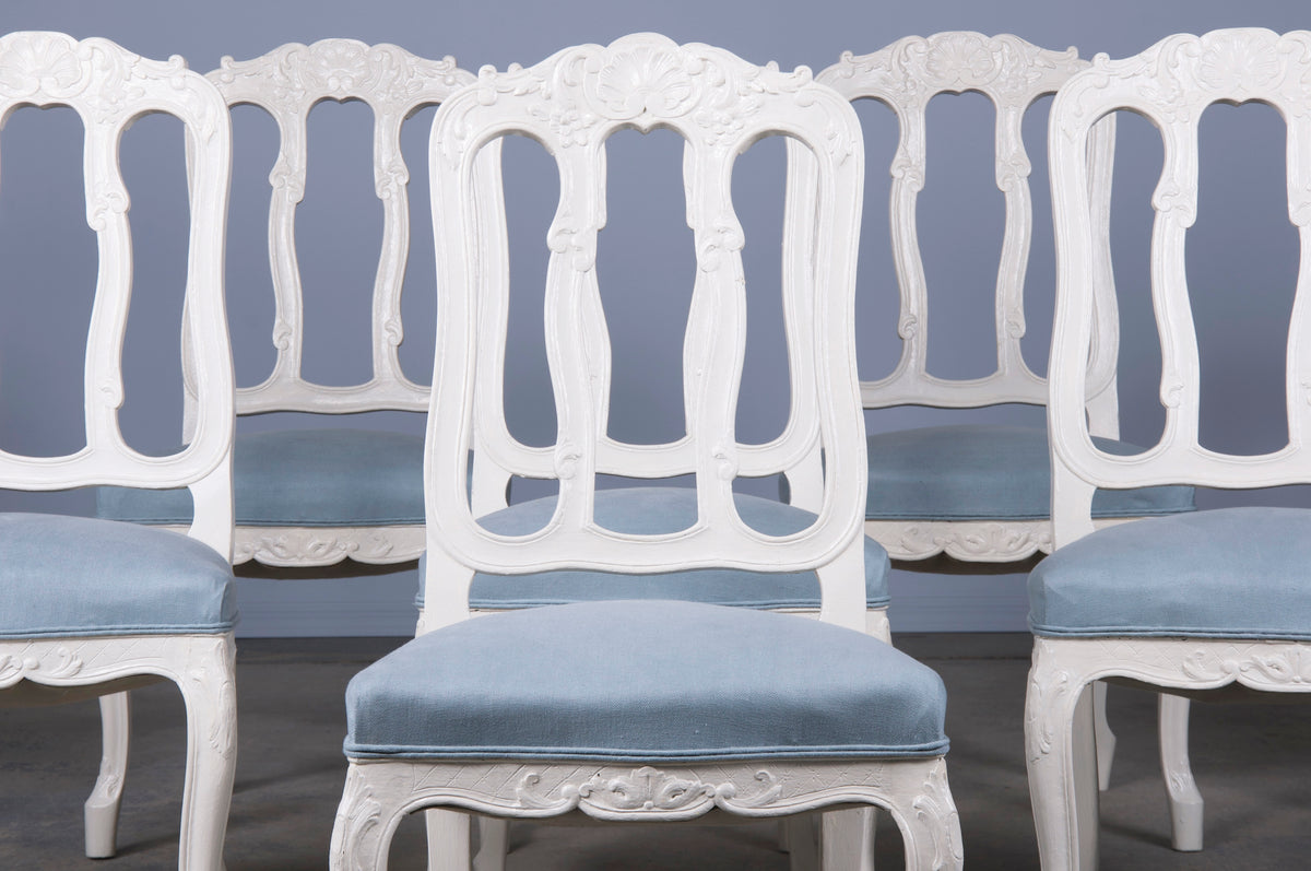 French Louis XV Provincial Style Painted Dining Chairs W/ Light Blue Linen - Set of 8