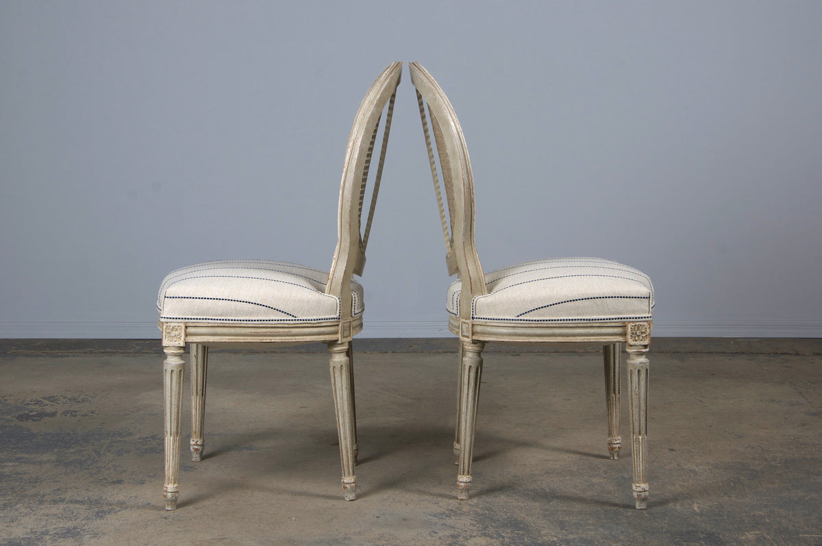 Antique French Louis XVI Style Painted Cane Back Dining Chairs W/ Striped Fabric - Set of 4