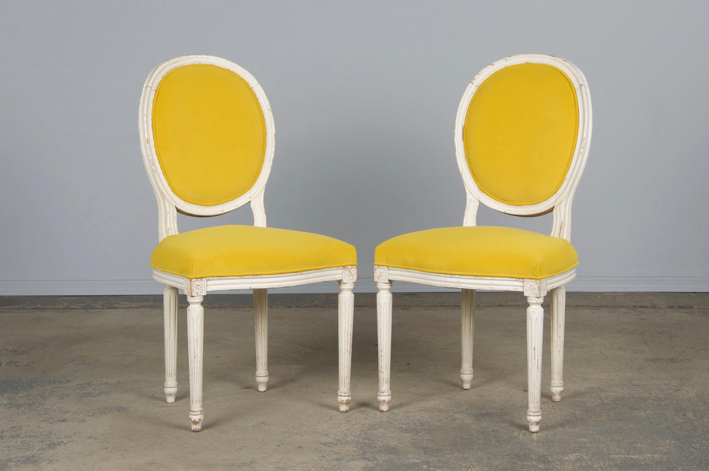 French Louis XVI Style Painted Side Chairs in Lemon Velvet - A Pair