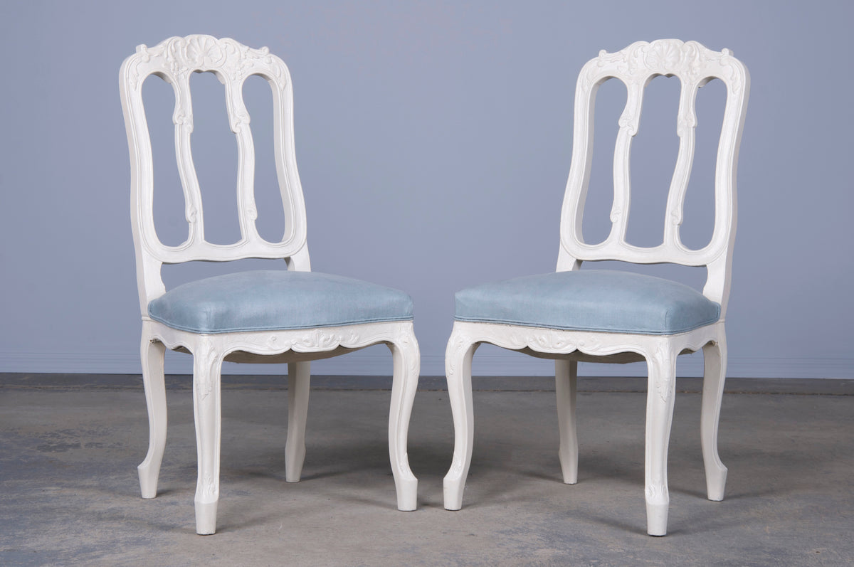 French Louis XV Provincial Style Painted Dining Chairs W/ Light Blue Linen - Set of 8