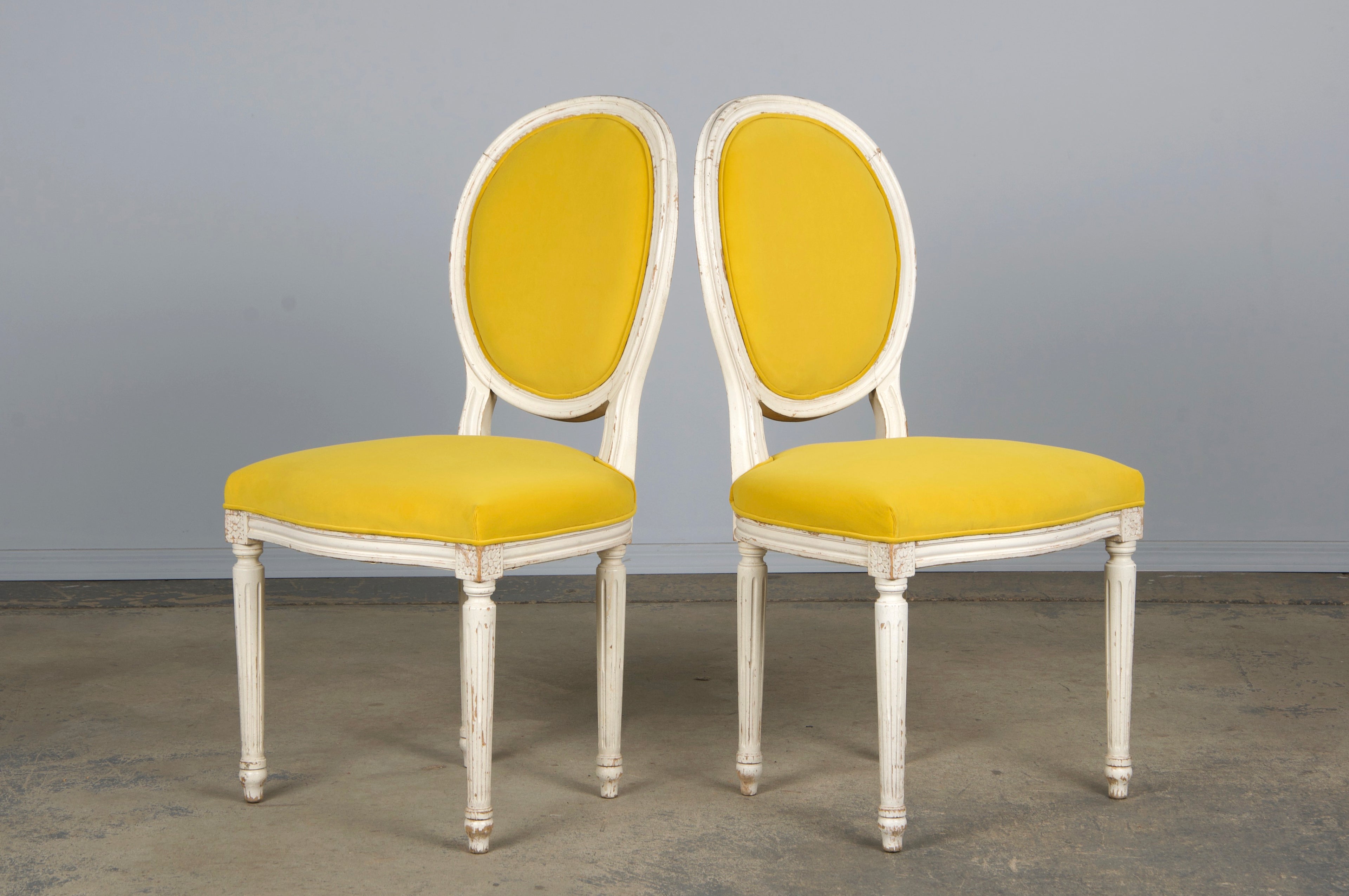 French Louis XVI Style Painted Side Chairs in Lemon Velvet - A Pair