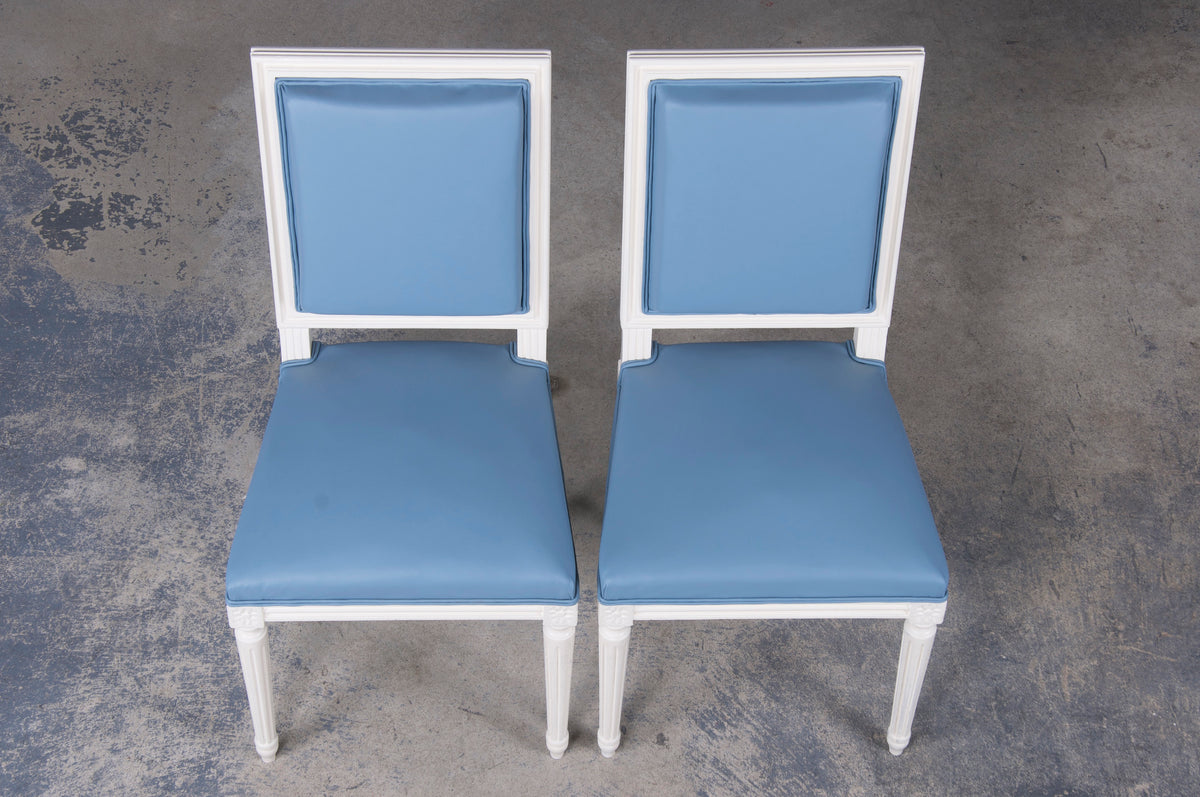 French Louis XVI Style Painted Square Back Dining Chairs W/ Blue Vinyl - Set of 6