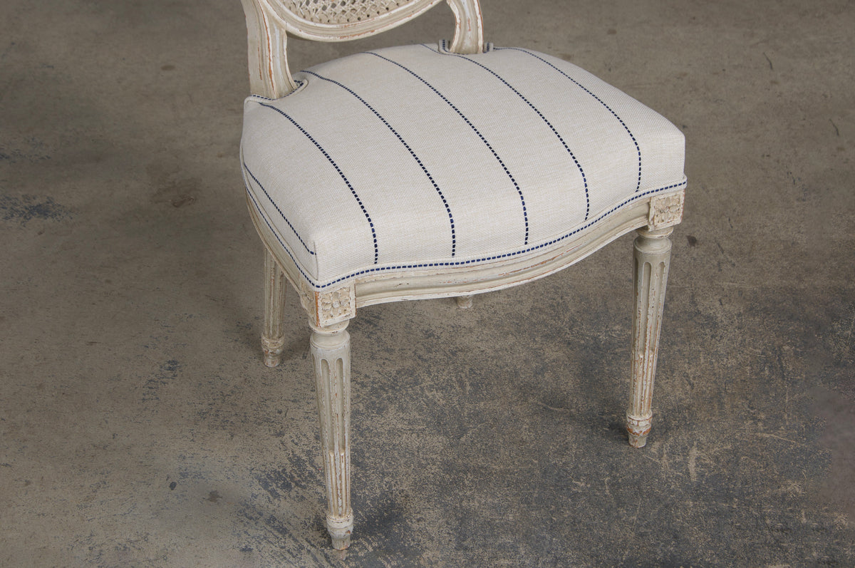 Antique French Louis XVI Style Painted Cane Back Dining Chairs W/ Striped Fabric - Set of 4