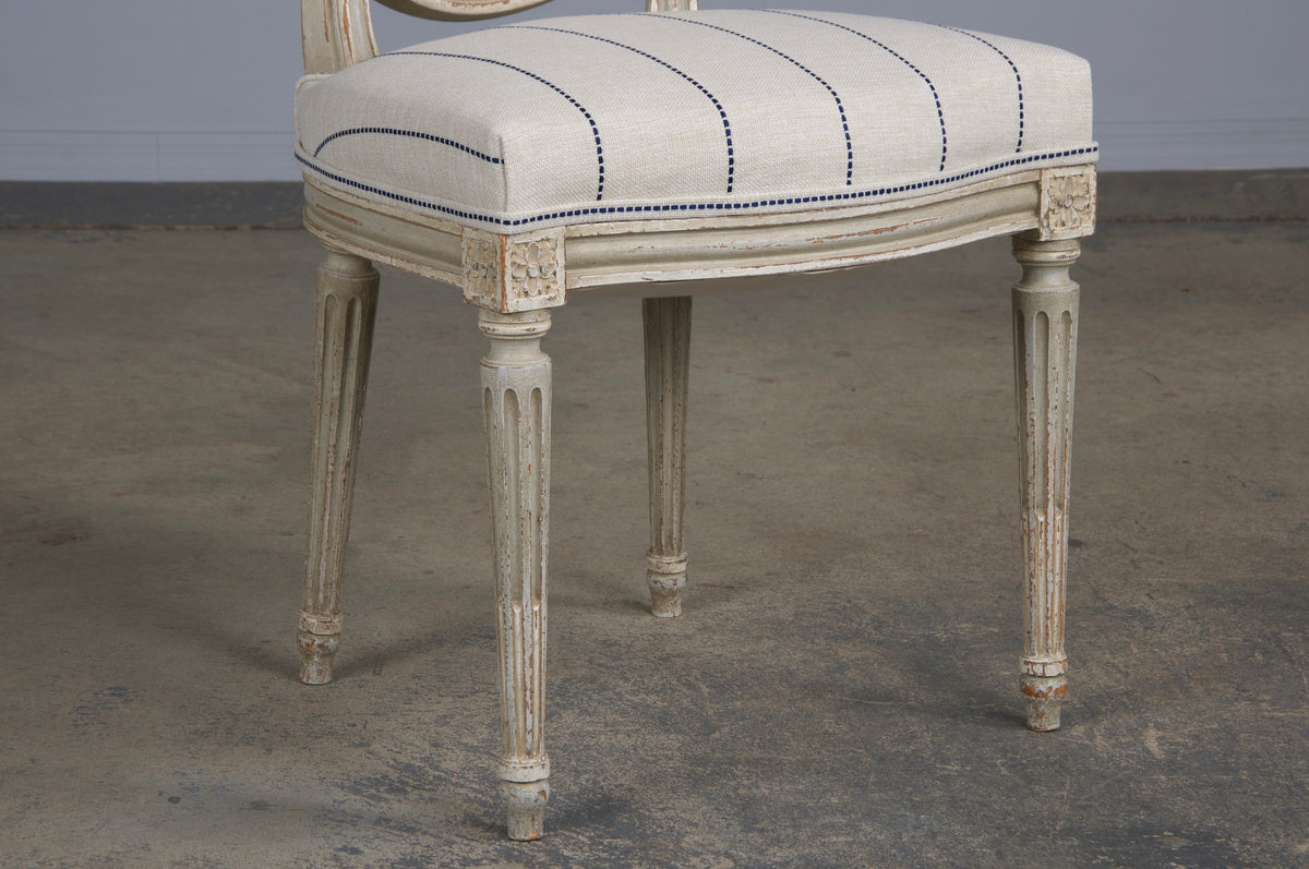 Antique French Louis XVI Style Painted Cane Back Dining Chairs W/ Striped Fabric - Set of 4