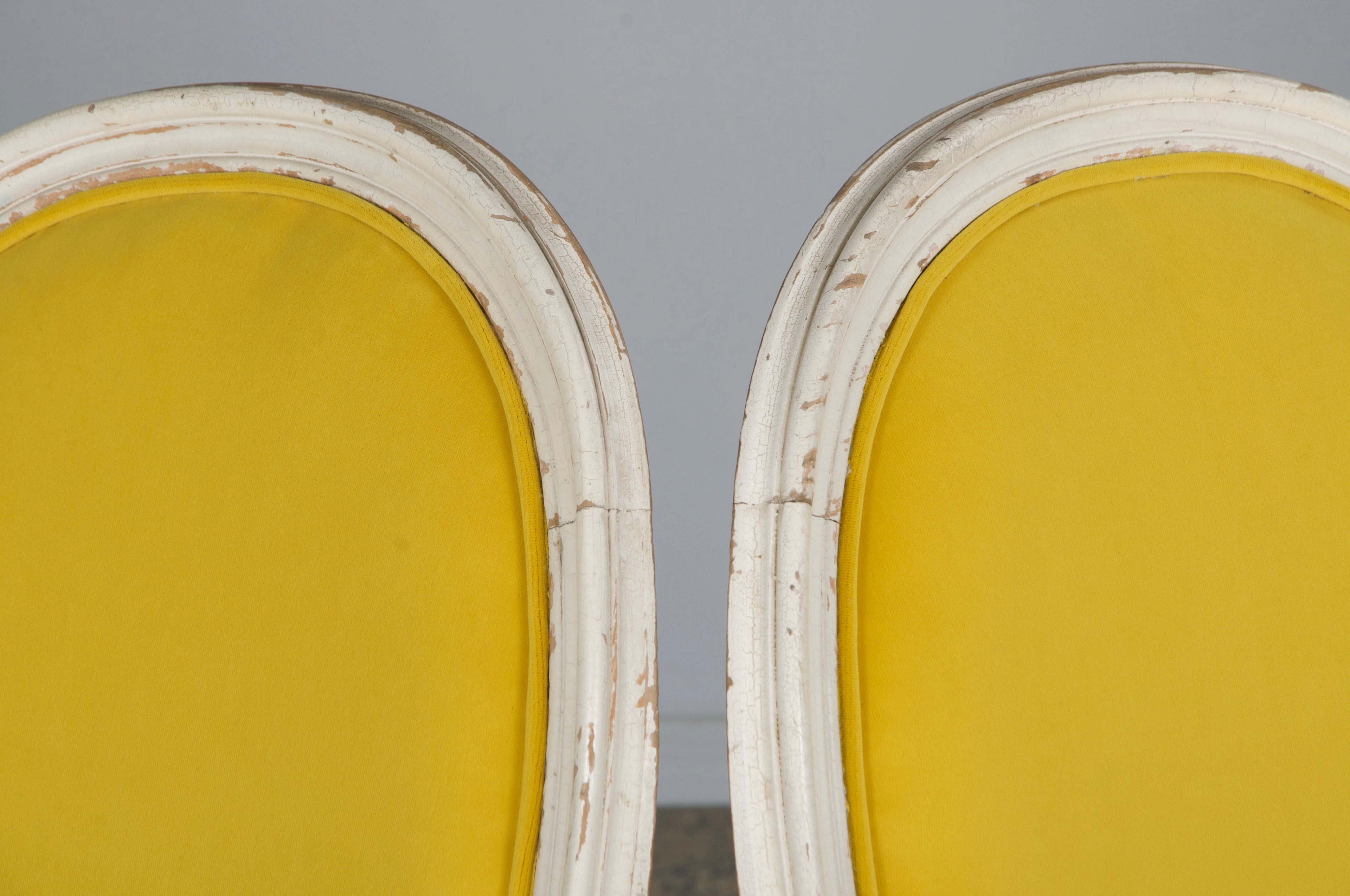 French Louis XVI Style Painted Side Chairs in Lemon Velvet - A Pair