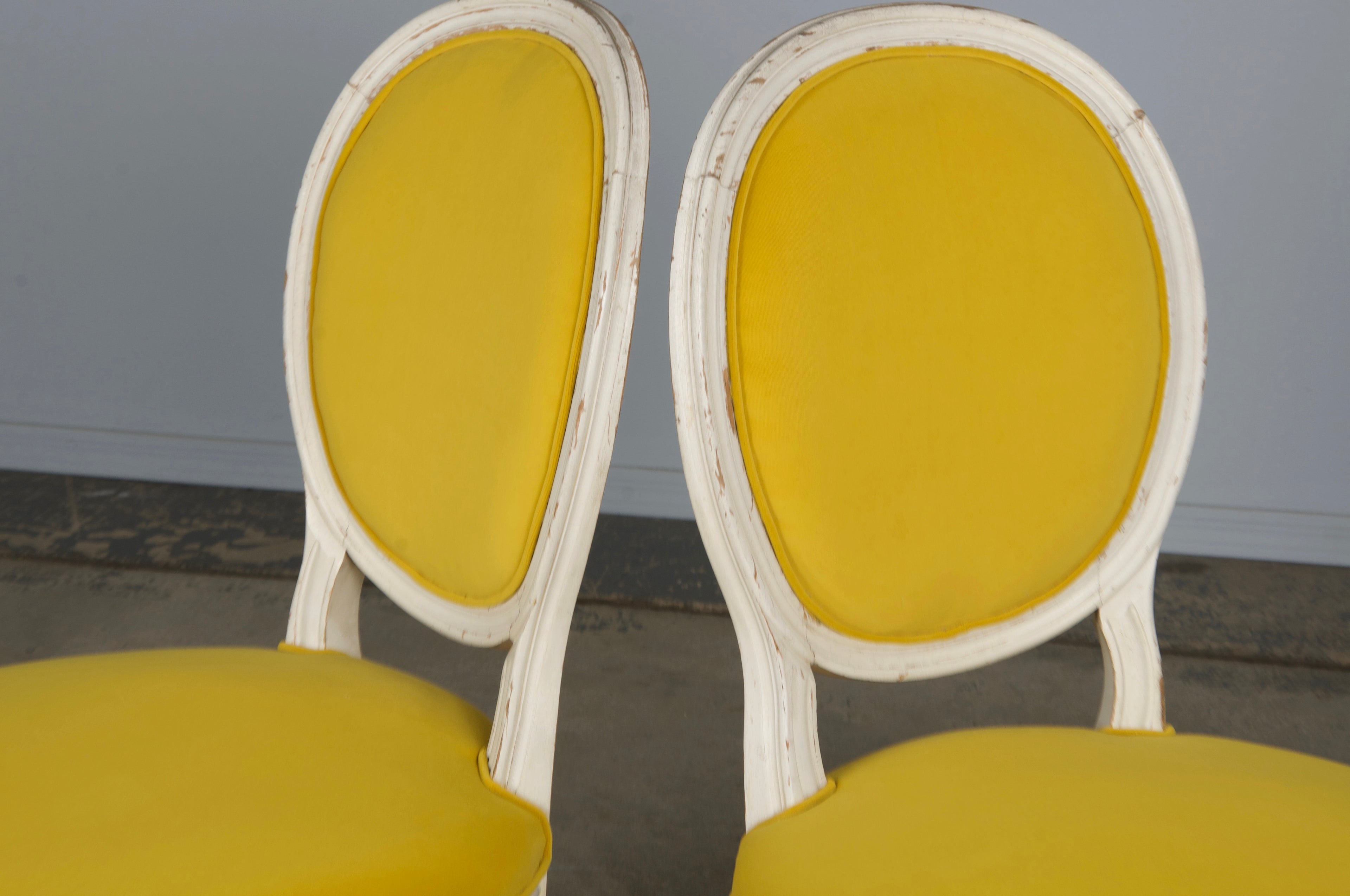 French Louis XVI Style Painted Side Chairs in Lemon Velvet - A Pair