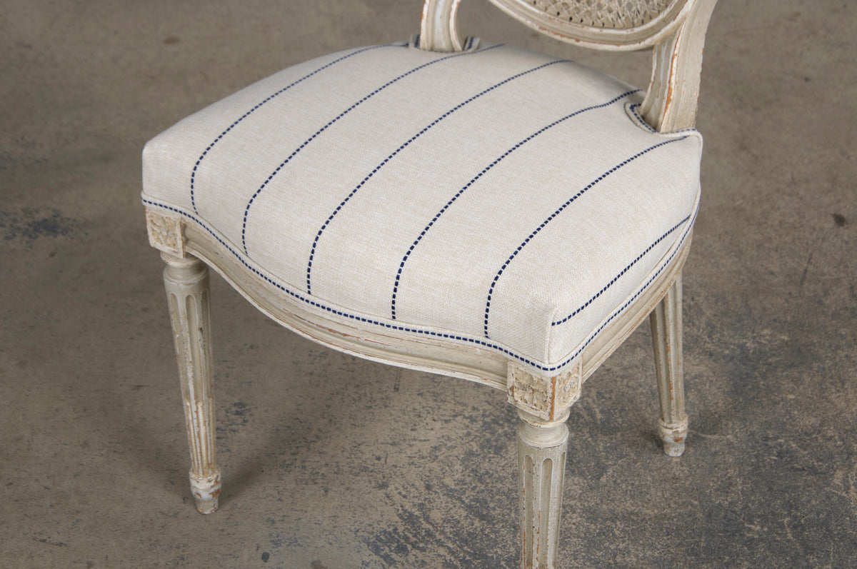 Antique French Louis XVI Style Painted Cane Back Dining Chairs W/ Striped Fabric - Set of 4