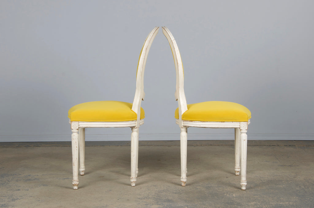 French Louis XVI Style Painted Side Chairs in Lemon Velvet - A Pair