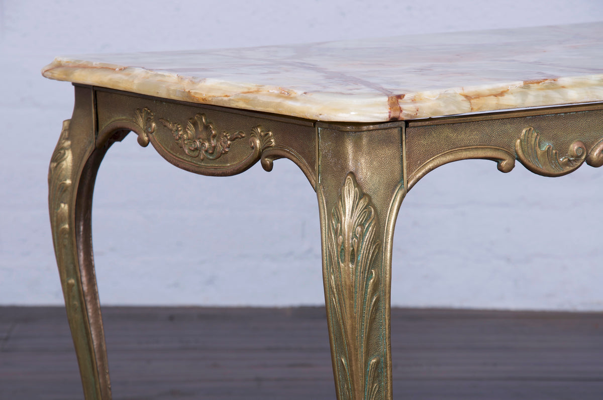 Antique French Louis XV Style Provincial Brass Coffee Table W/ Onyx Marble