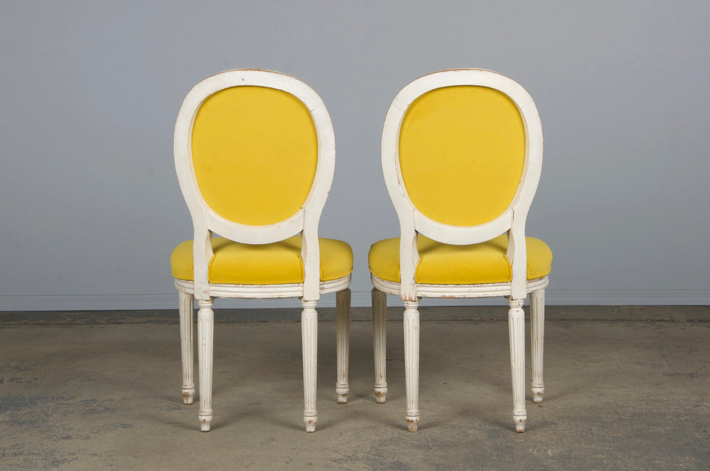French Louis XVI Style Painted Side Chairs in Lemon Velvet - A Pair