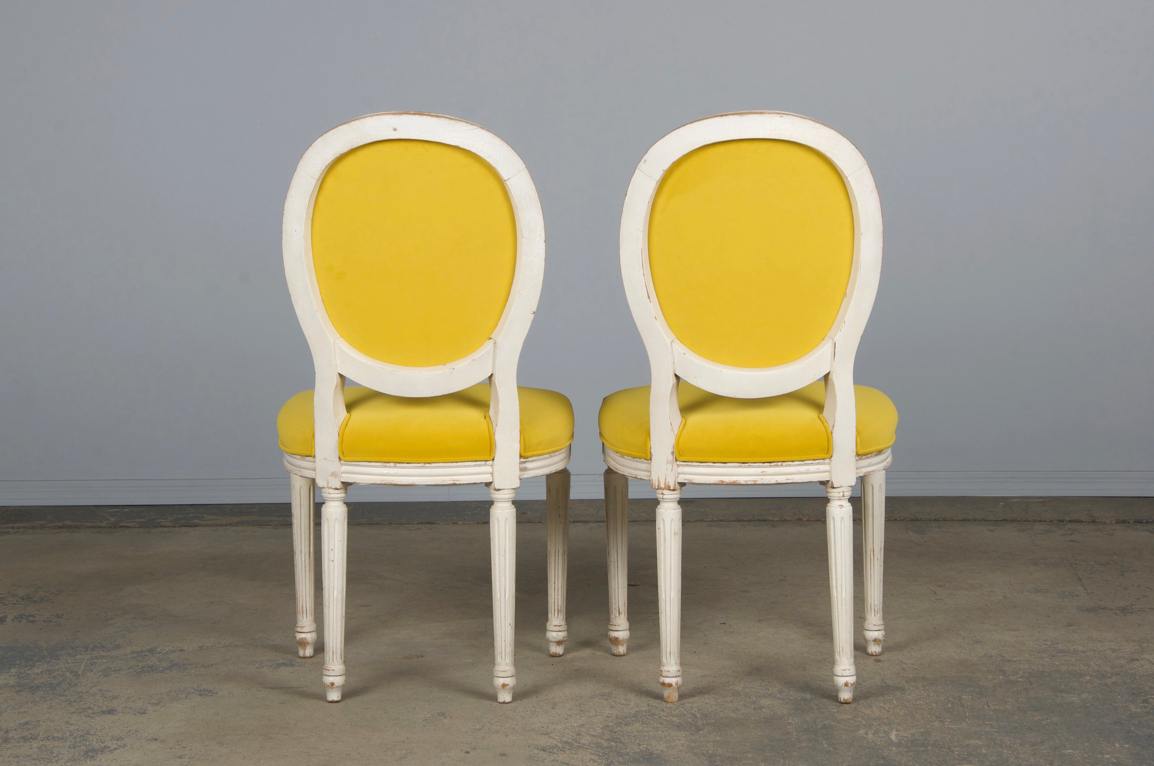 French Louis XVI Style Painted Side Chairs in Lemon Velvet - A Pair