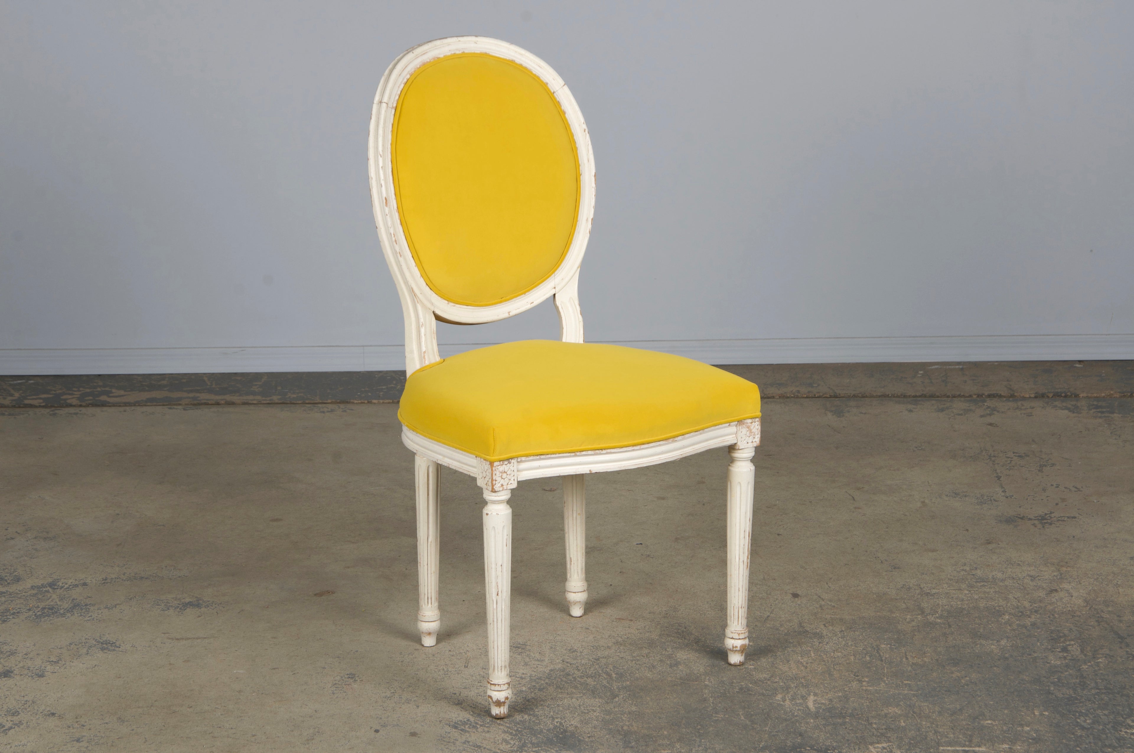 French Louis XVI Style Painted Side Chairs in Lemon Velvet - A Pair