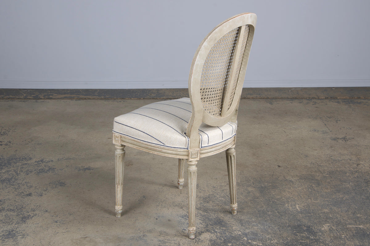 Antique French Louis XVI Style Painted Cane Back Dining Chairs W/ Striped Fabric - Set of 4