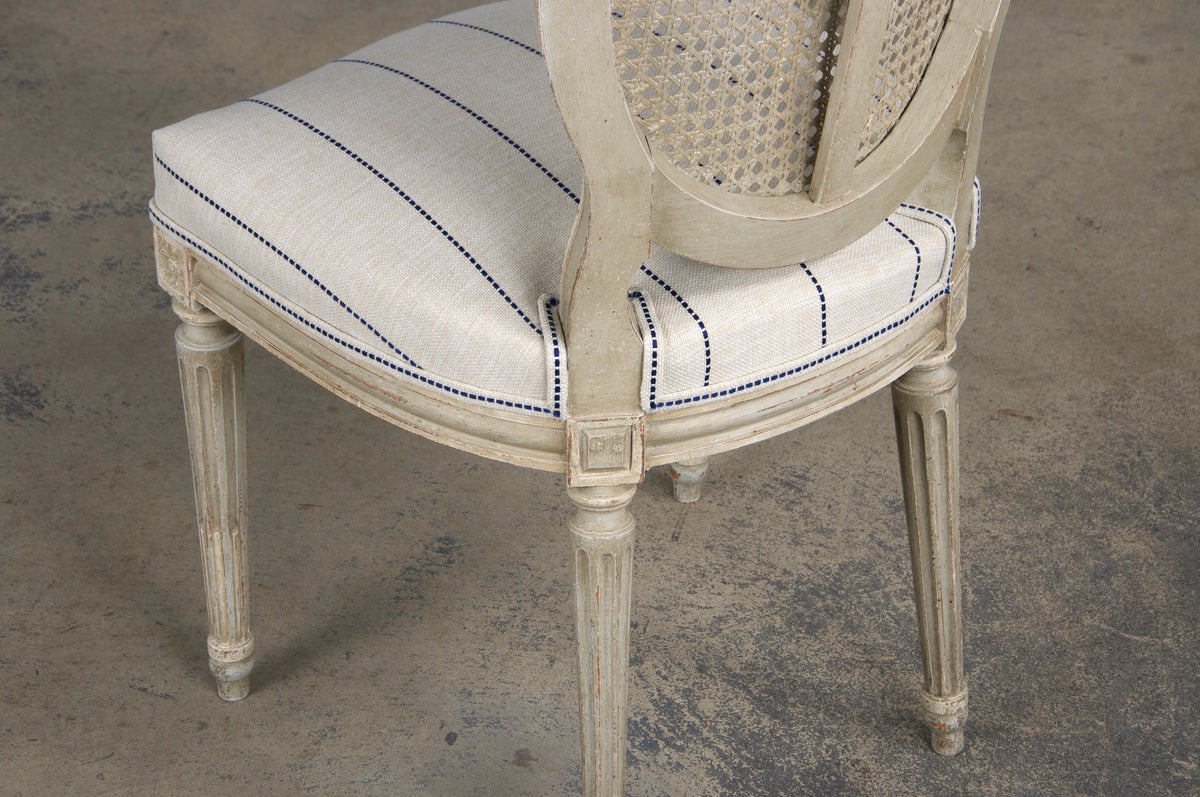 Antique French Louis XVI Style Painted Cane Back Dining Chairs W/ Striped Fabric - Set of 4