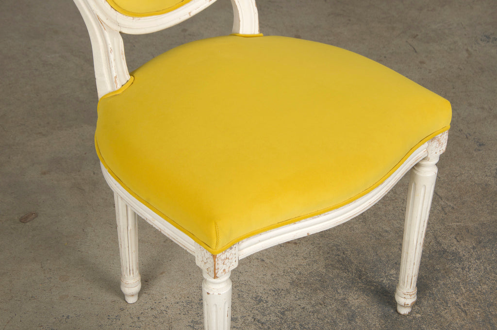French Louis XVI Style Painted Side Chairs in Lemon Velvet - A Pair
