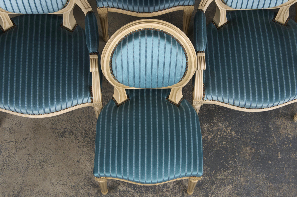 French Louis XVI Style Painted Dining Chairs W/ Striped Blue Velvet - Set of 8