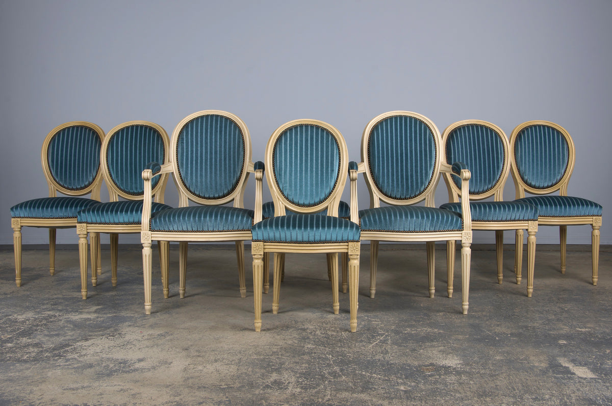 French Louis XVI Style Painted Dining Chairs W/ Striped Blue Velvet - Set of 8