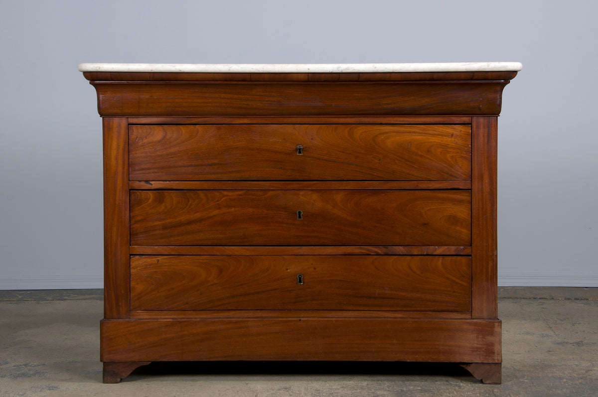 ON HOLD 19th Century French Louis Philippe Style Mahogany Chest Of Drawers W/ Carrara Marble