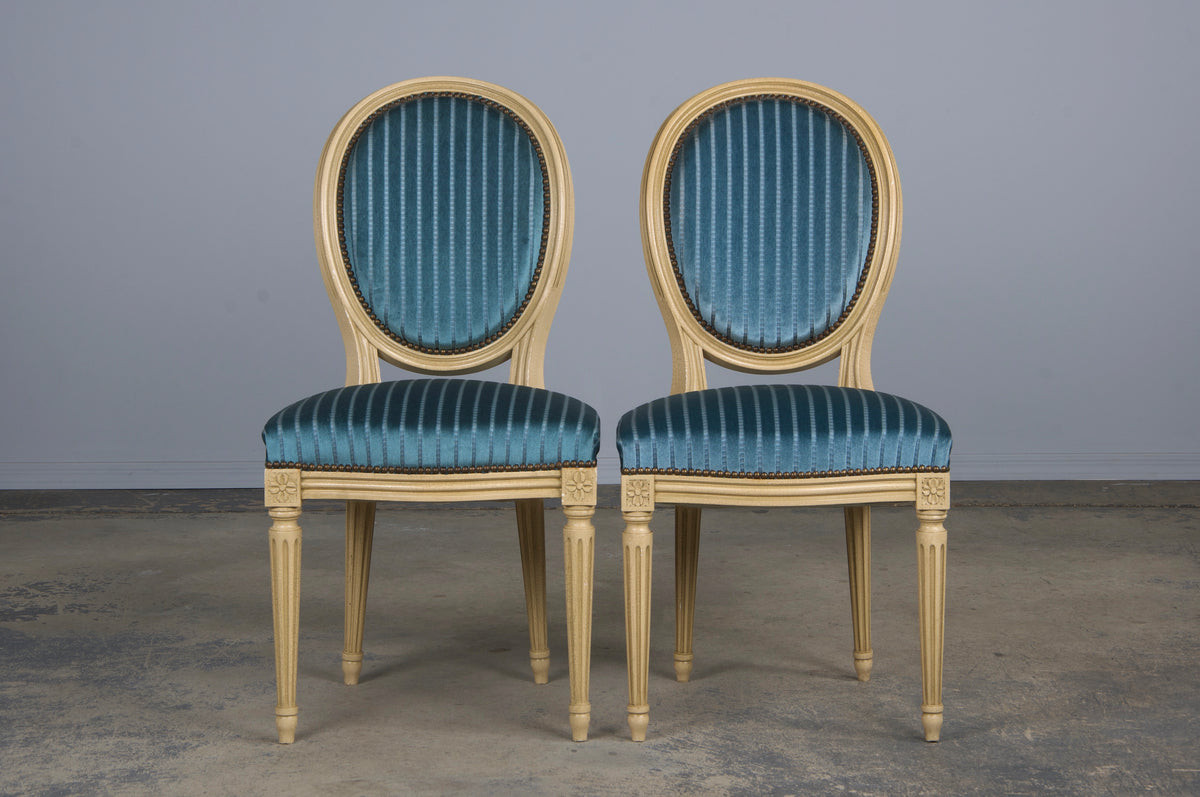 French Louis XVI Style Painted Dining Chairs W/ Striped Blue Velvet - Set of 8