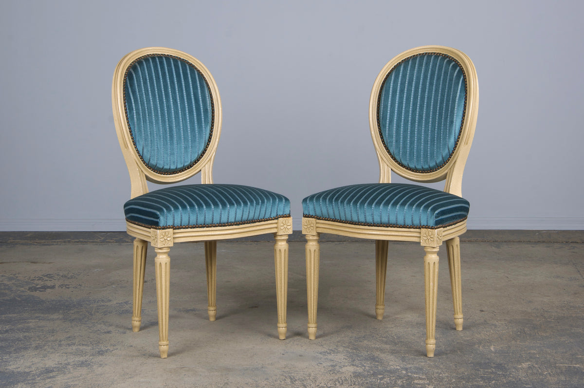 French Louis XVI Style Painted Dining Chairs W/ Striped Blue Velvet - Set of 8