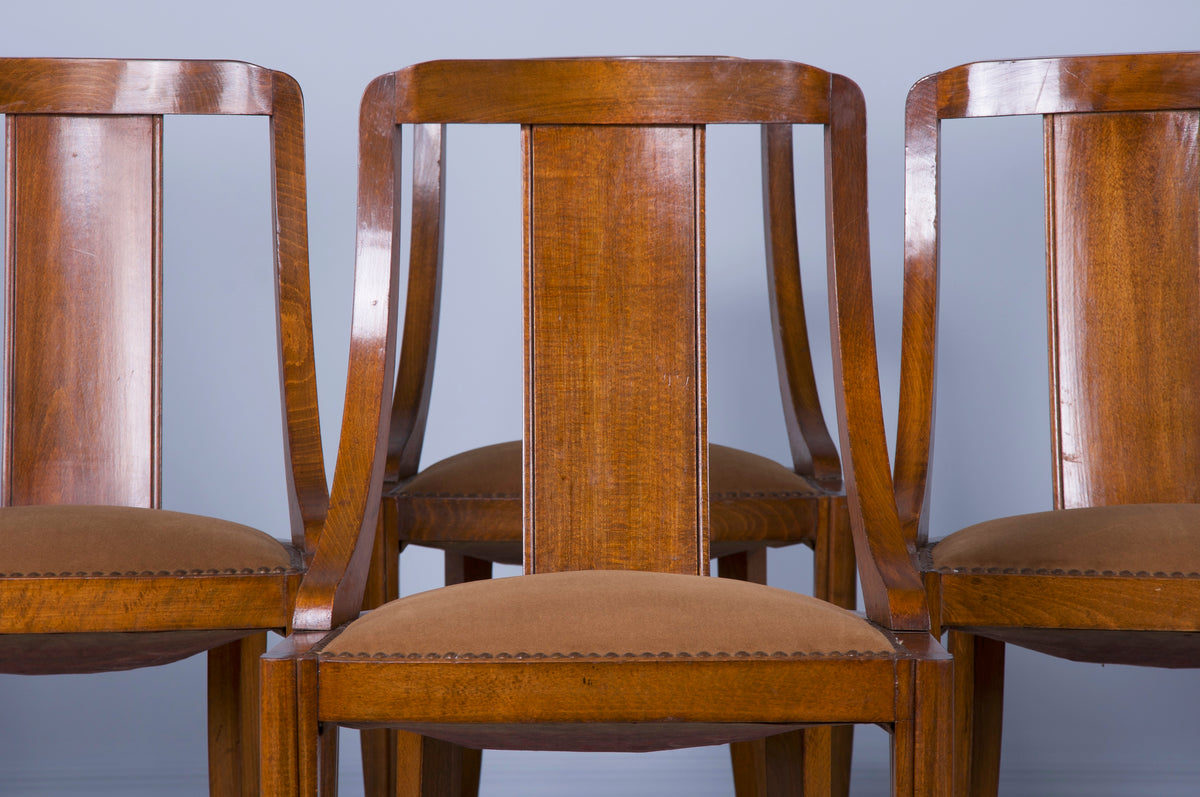 1930s French Art Deco Gondola Maple Dining Chairs W/ Brown Velvet - Set of 6