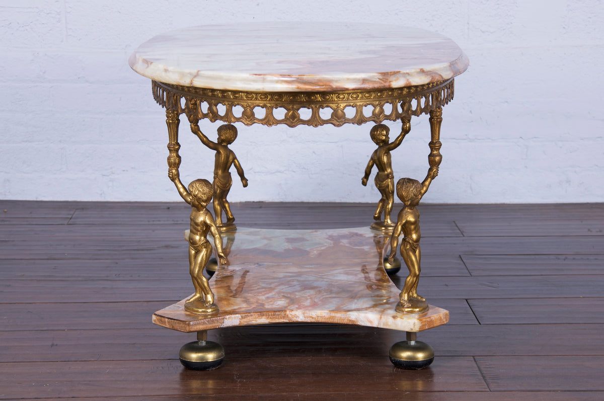 Antique French Baroque Style Brass Coffee Table W/ Onyx Marble