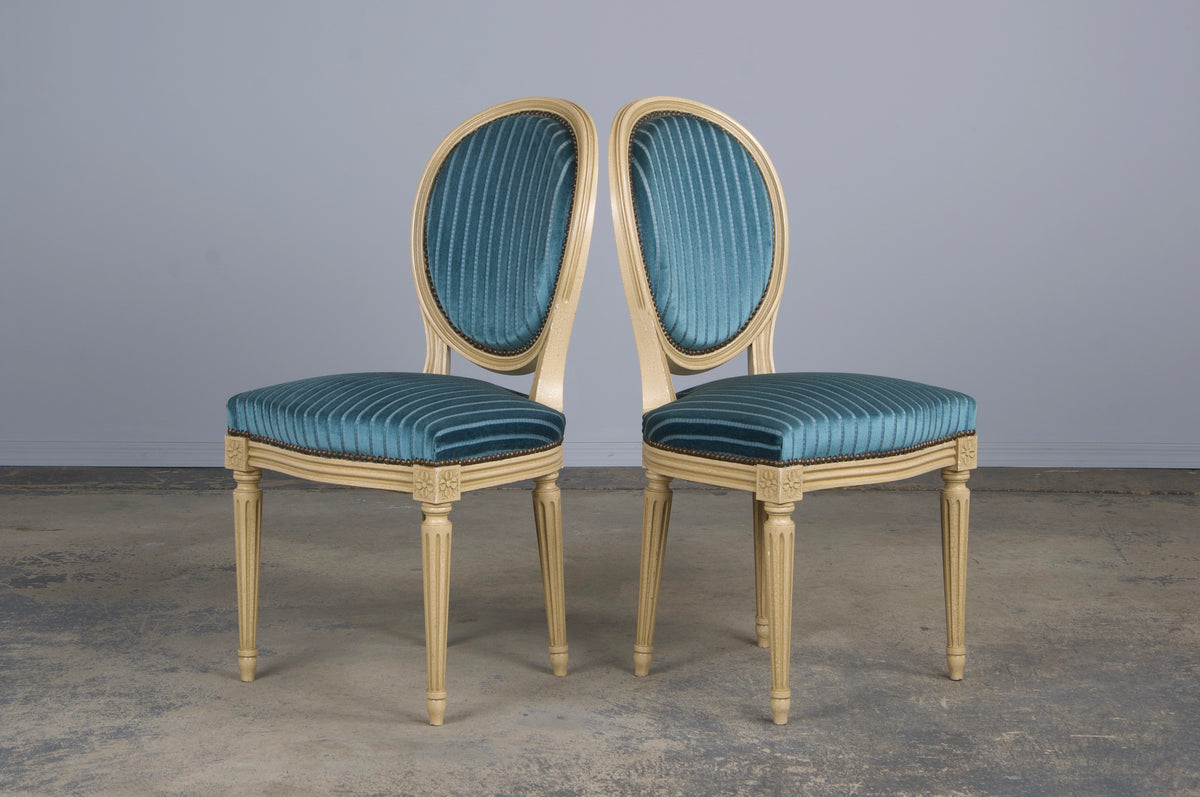 French Louis XVI Style Painted Dining Chairs W/ Striped Blue Velvet - Set of 8