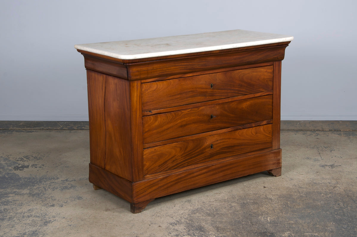 ON HOLD 19th Century French Louis Philippe Style Mahogany Chest Of Drawers W/ Carrara Marble