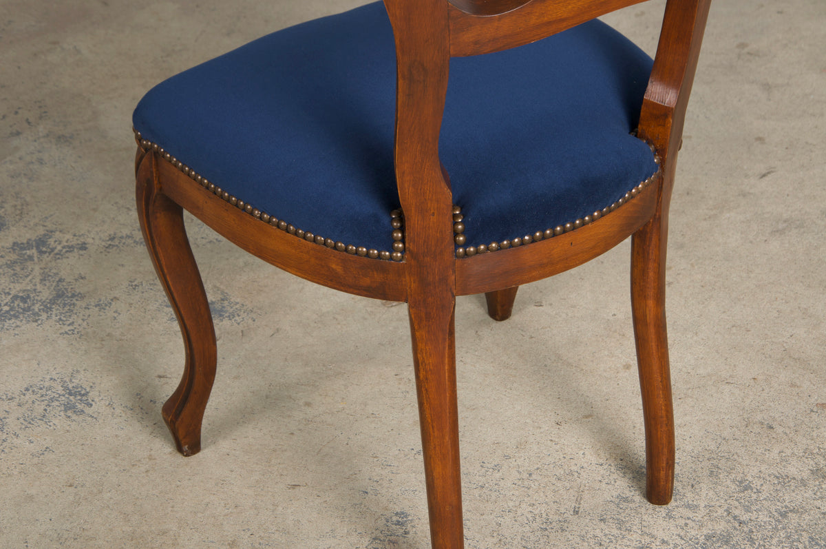 French Louis XV Style Ballon Back Maple Dining Chairs W/ Blue Velvet - Set of 6