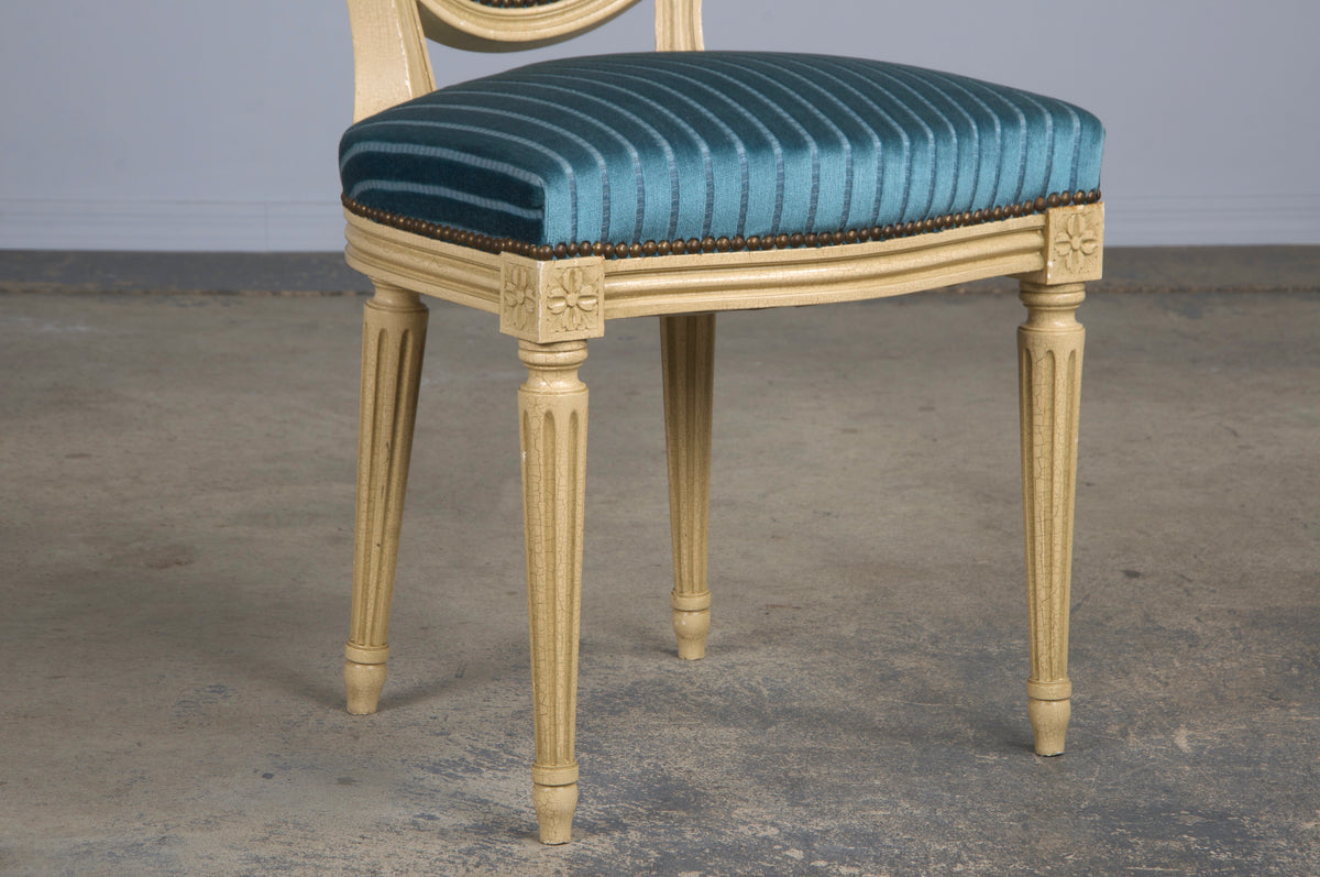 French Louis XVI Style Painted Dining Chairs W/ Striped Blue Velvet - Set of 8