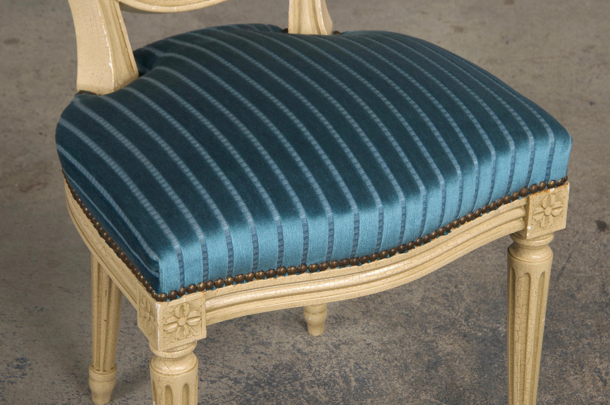 French Louis XVI Style Painted Dining Chairs W/ Striped Blue Velvet - Set of 8