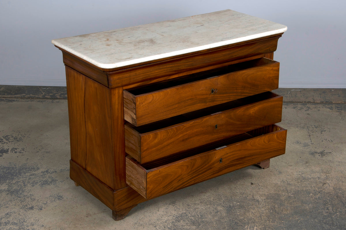 ON HOLD 19th Century French Louis Philippe Style Mahogany Chest Of Drawers W/ Carrara Marble