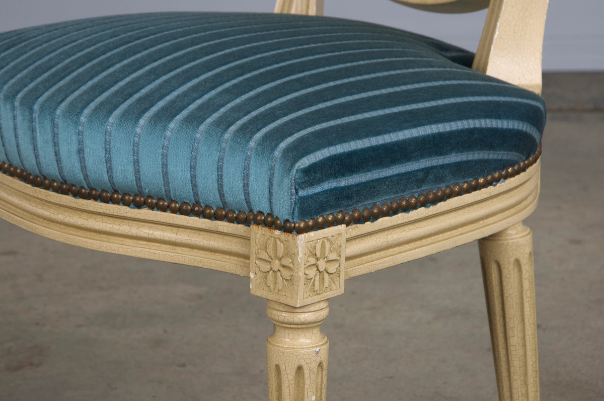 French Louis XVI Style Painted Dining Chairs W/ Striped Blue Velvet - Set of 8