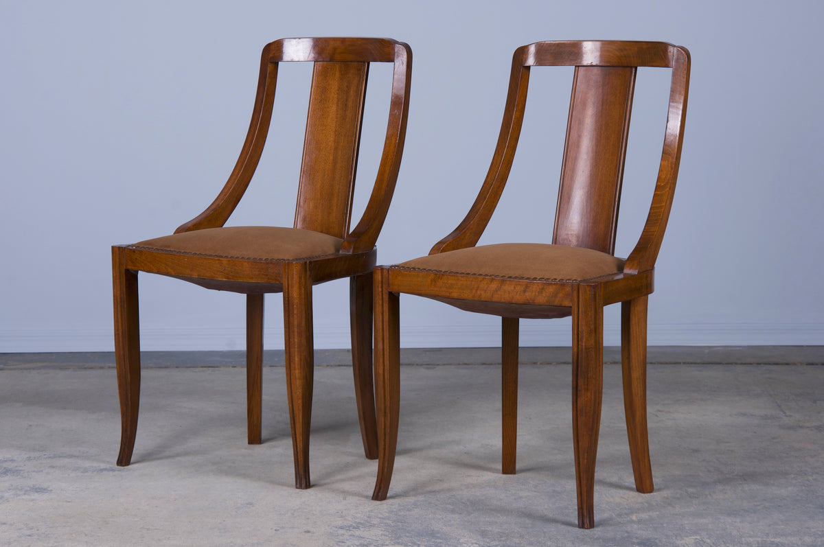 1930s French Art Deco Gondola Maple Dining Chairs W/ Brown Velvet - Set of 6