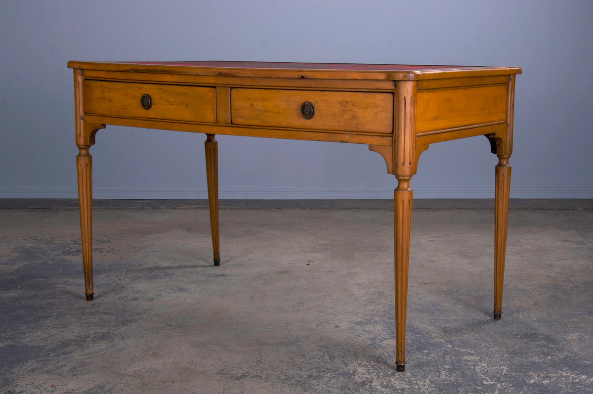 Antique French Louis XVI Style Satinwood Writing Desk W/ Burgundy Leather Top