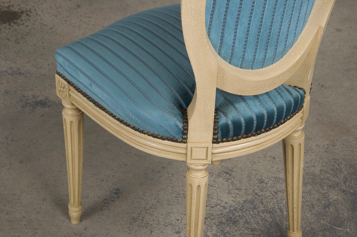 French Louis XVI Style Painted Dining Chairs W/ Striped Blue Velvet - Set of 8